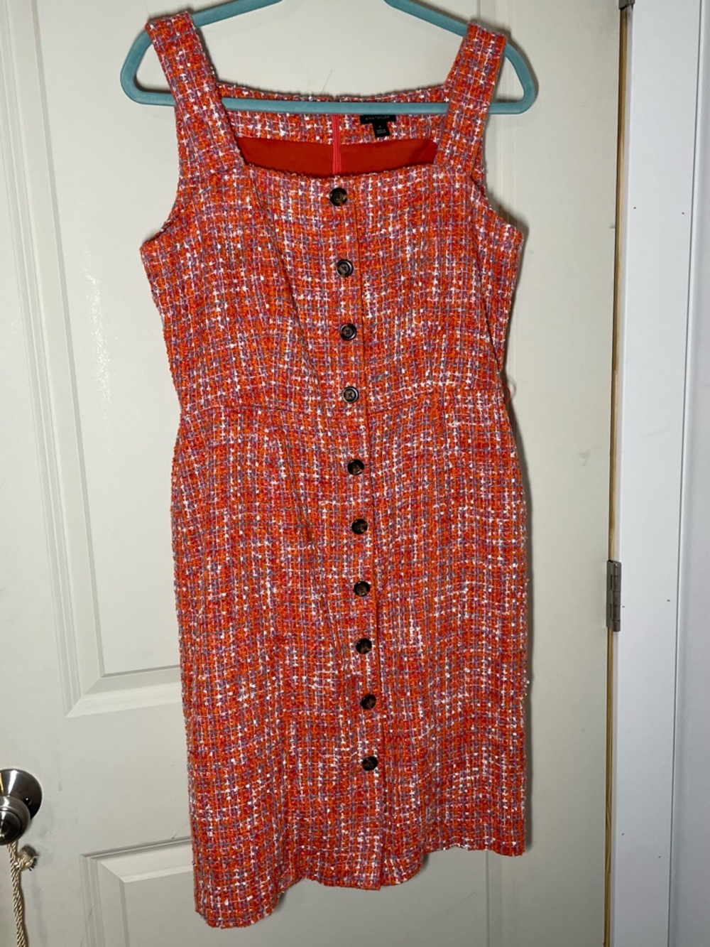 Ann Taylor Orange Tweed Button Front Midi Dress Belted Classic Workwear Chic